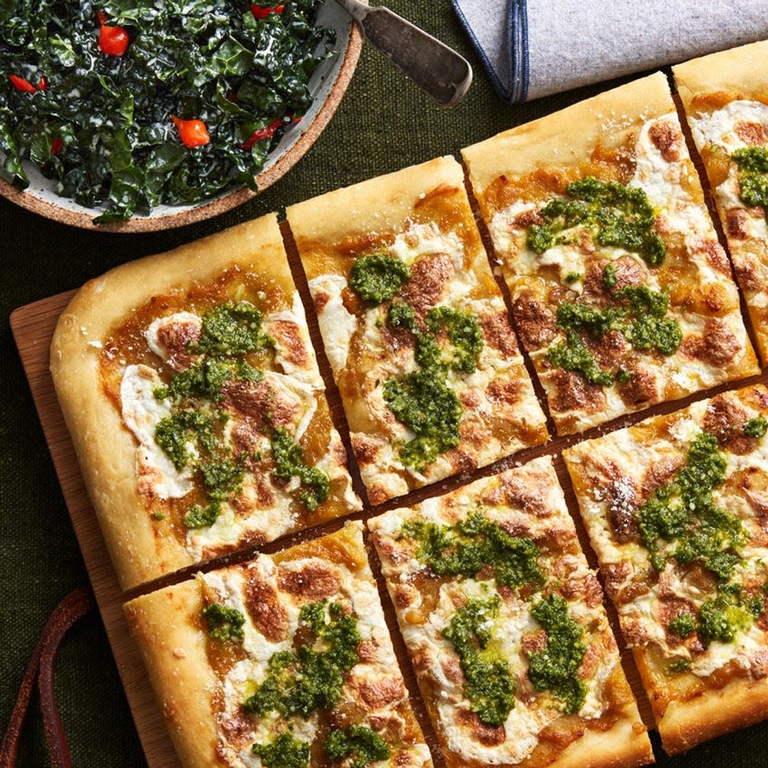 Yellow Tomato & Basil Pesto Pizza with Kale Caesar Salad