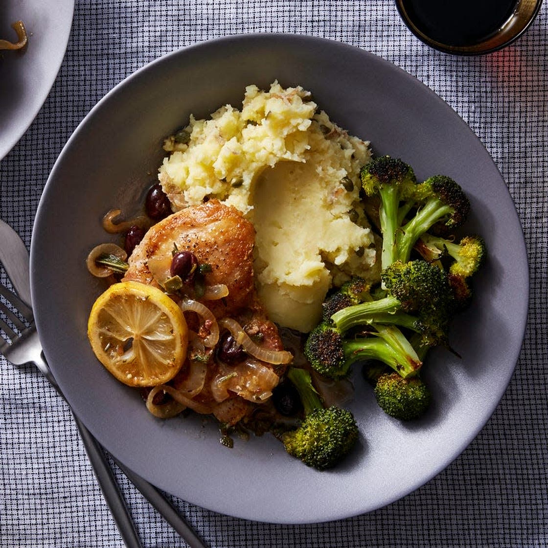 Braised Chicken & Smashed Potatoes with Olives, Herbs, & Broccoli
