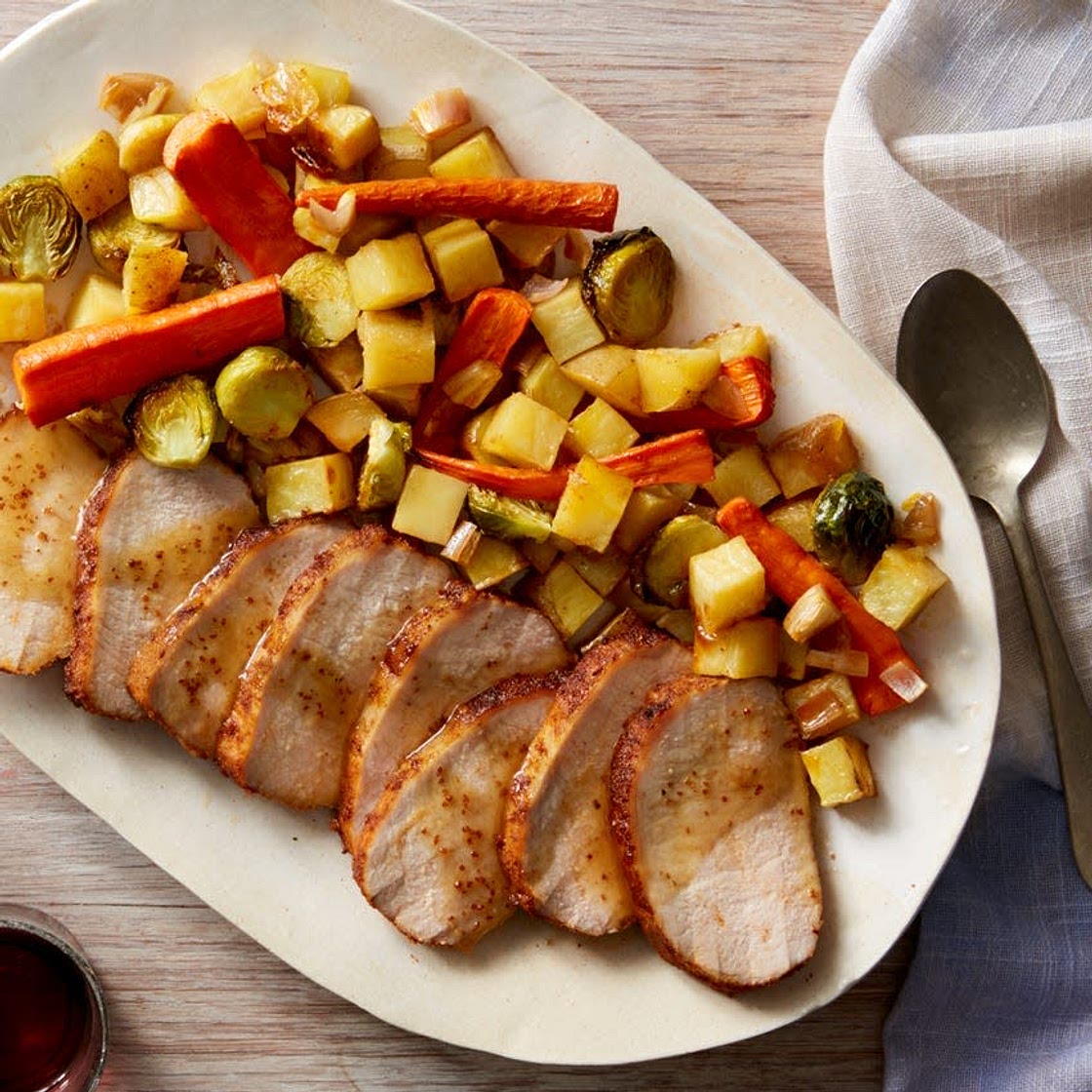 Sheet Pan Roasted Pork with Fall Vegetables & Maple Mustard Sauce