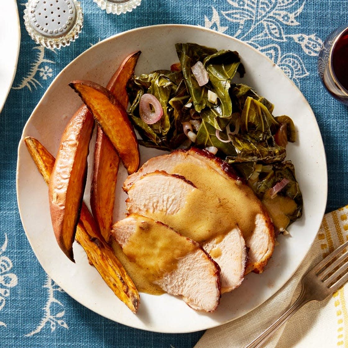 Barbecue-Glazed Turkey with Roasted Sweet Potatoes & Mustard Pan Sauce