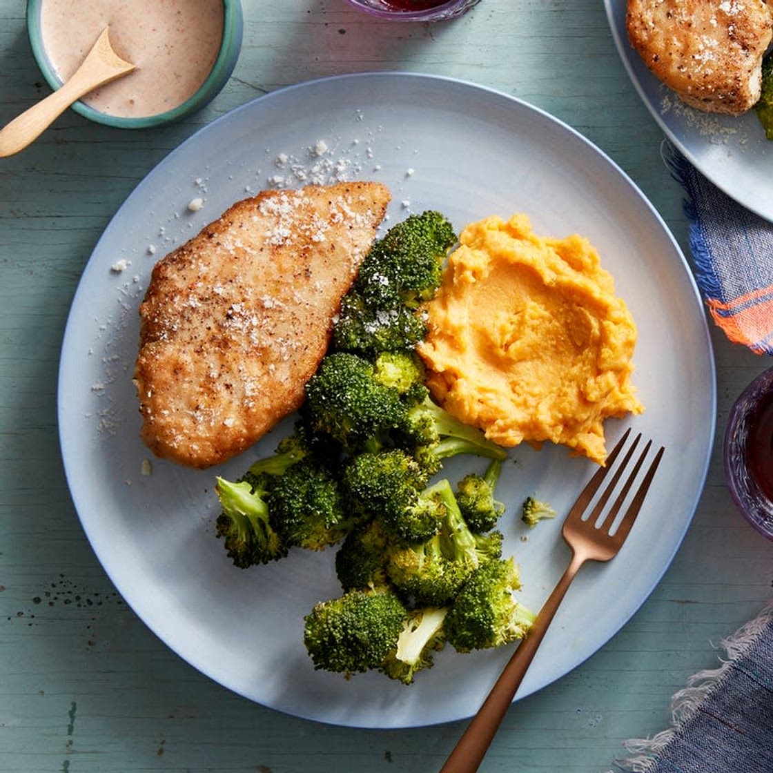 Parmesan-Crusted Chicken with Mashed Sweet Potatoes & Roasted Broccoli
