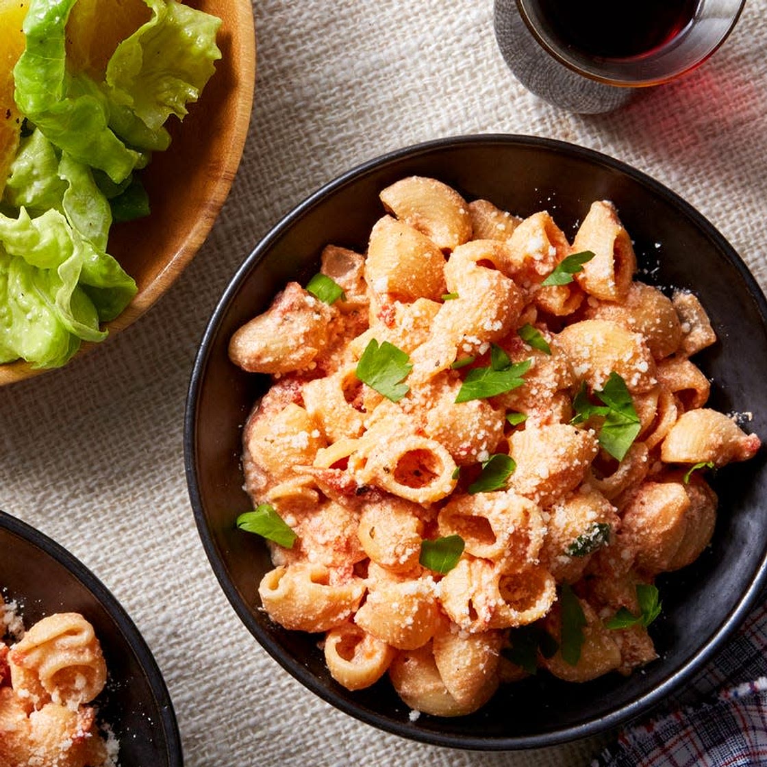 Creamy Lumaca Rigata Pasta with Butter Lettuce & Orange Salad