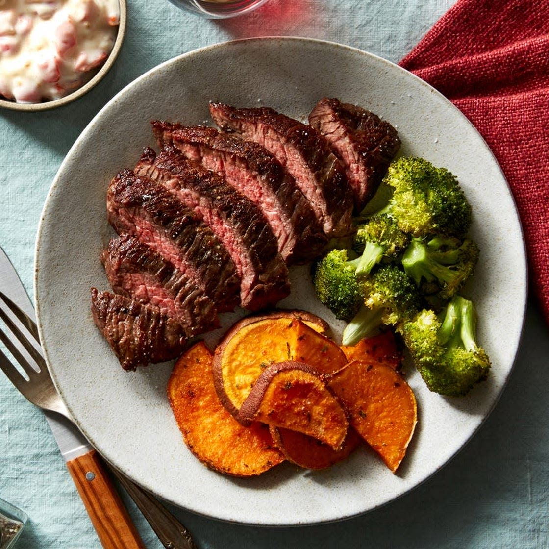 Seared Steaks & Pickled Pepper Aioli with Roasted Broccoli & Sweet Potatoes