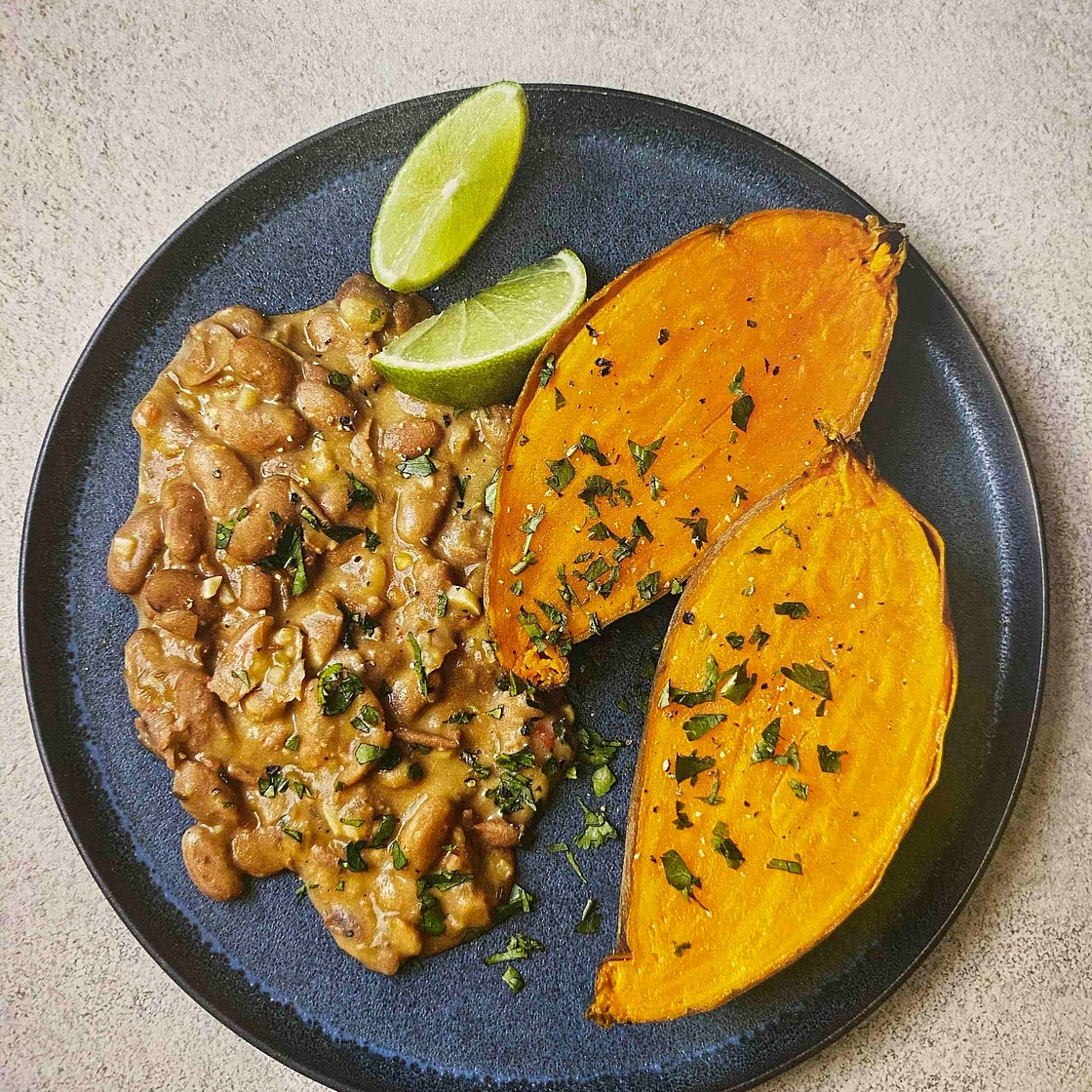Boiled Sweet Potato with Refried Beans