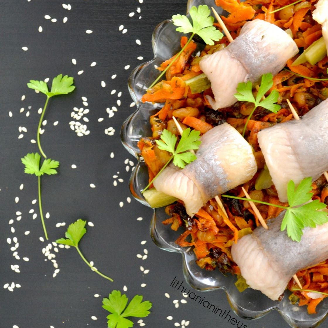 Herring with carrots, walnuts and prunes (Christmas Eve dishes)