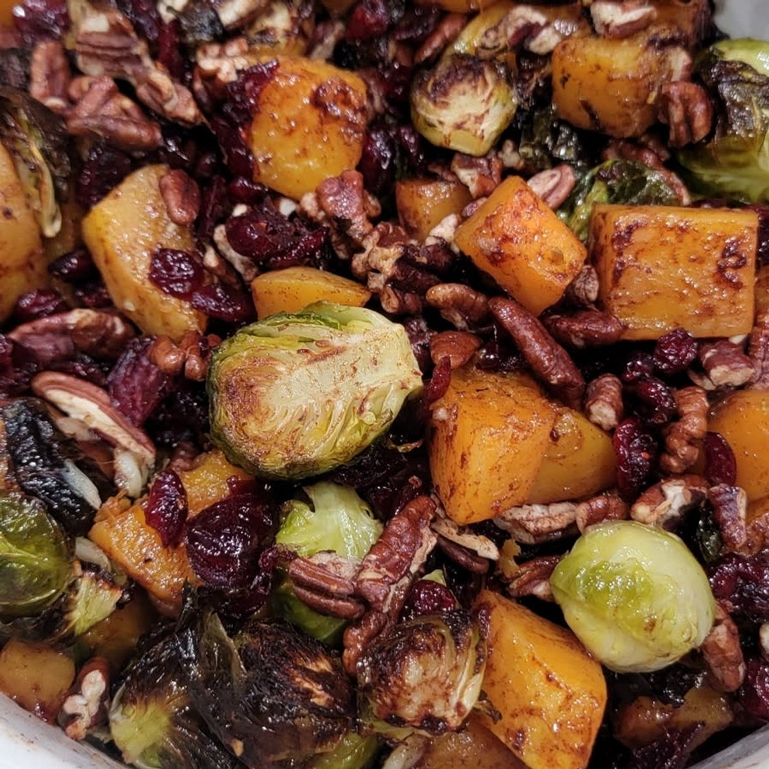 Roasted Brussels Sprouts and Cinnamon Butternut Squash with Pecans and Cranberries