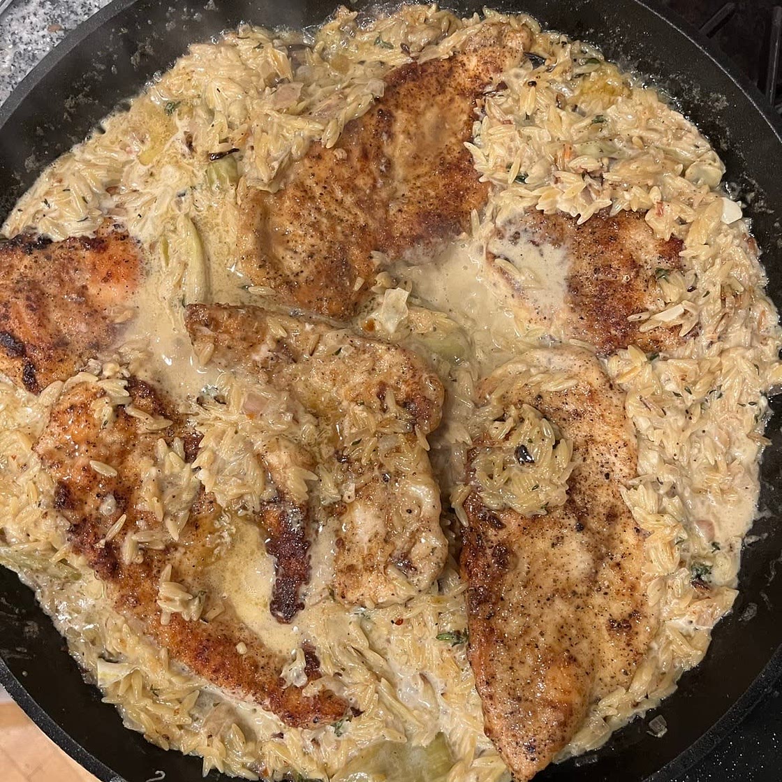 one skillet artichoke chicken and orzo