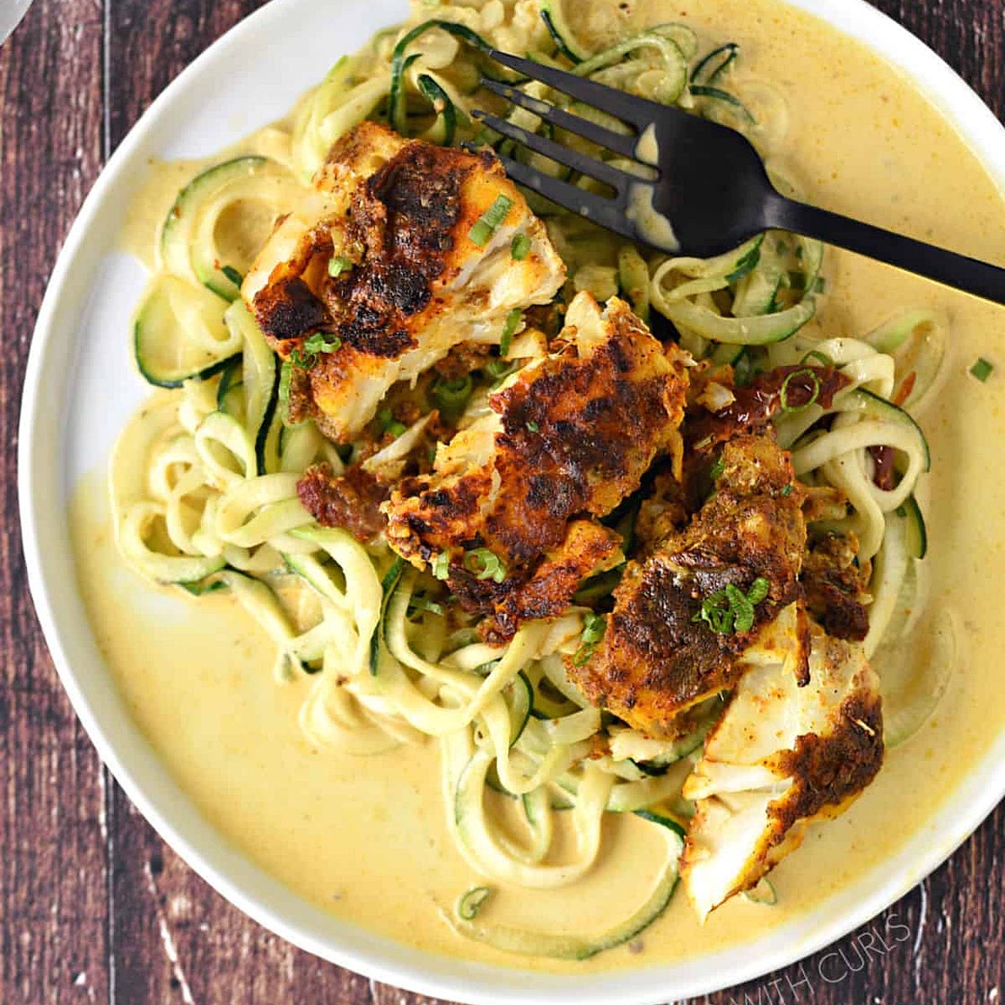 Pan-Seared Cod with Coconut Curry Sauce and Zucchini Noodles