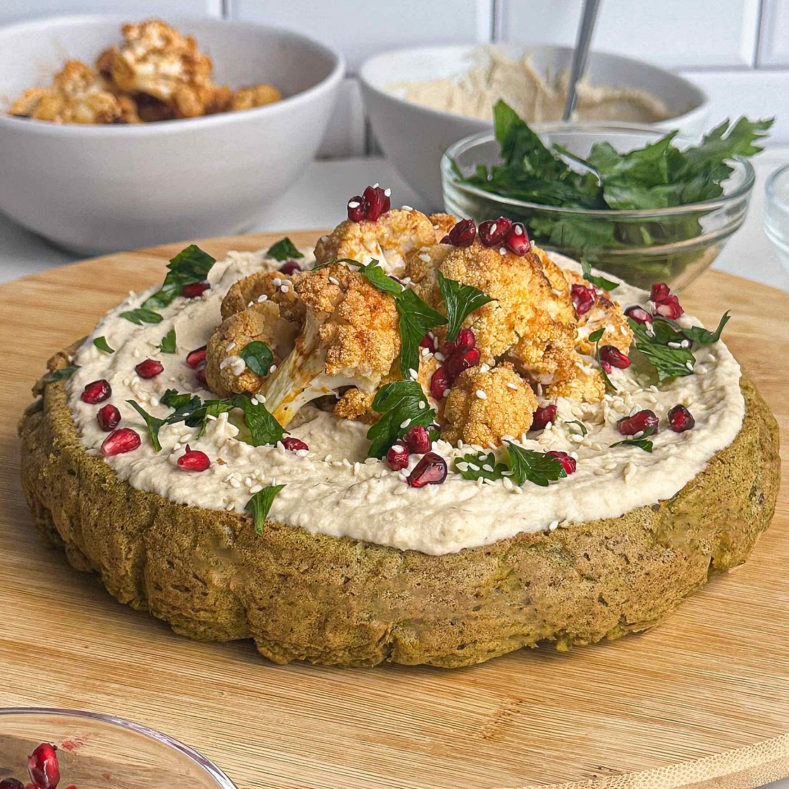 Big Baked Falafel with Roasted Cauli and Bean Dip 