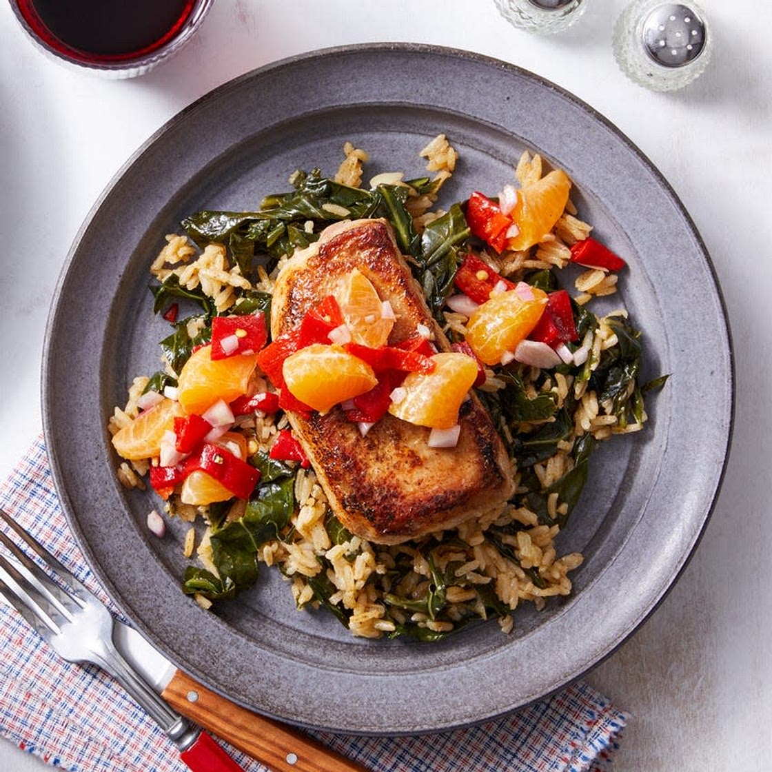 Southern-Spiced Pork Chops with Collard Green Rice & Mandarin Salsa