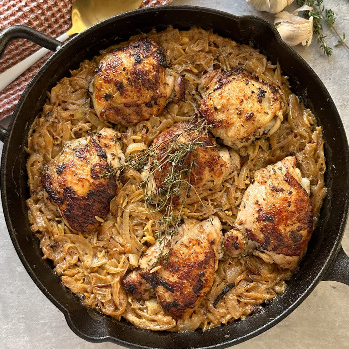 French Onion Chicken with Caramelized Onions & Orzo