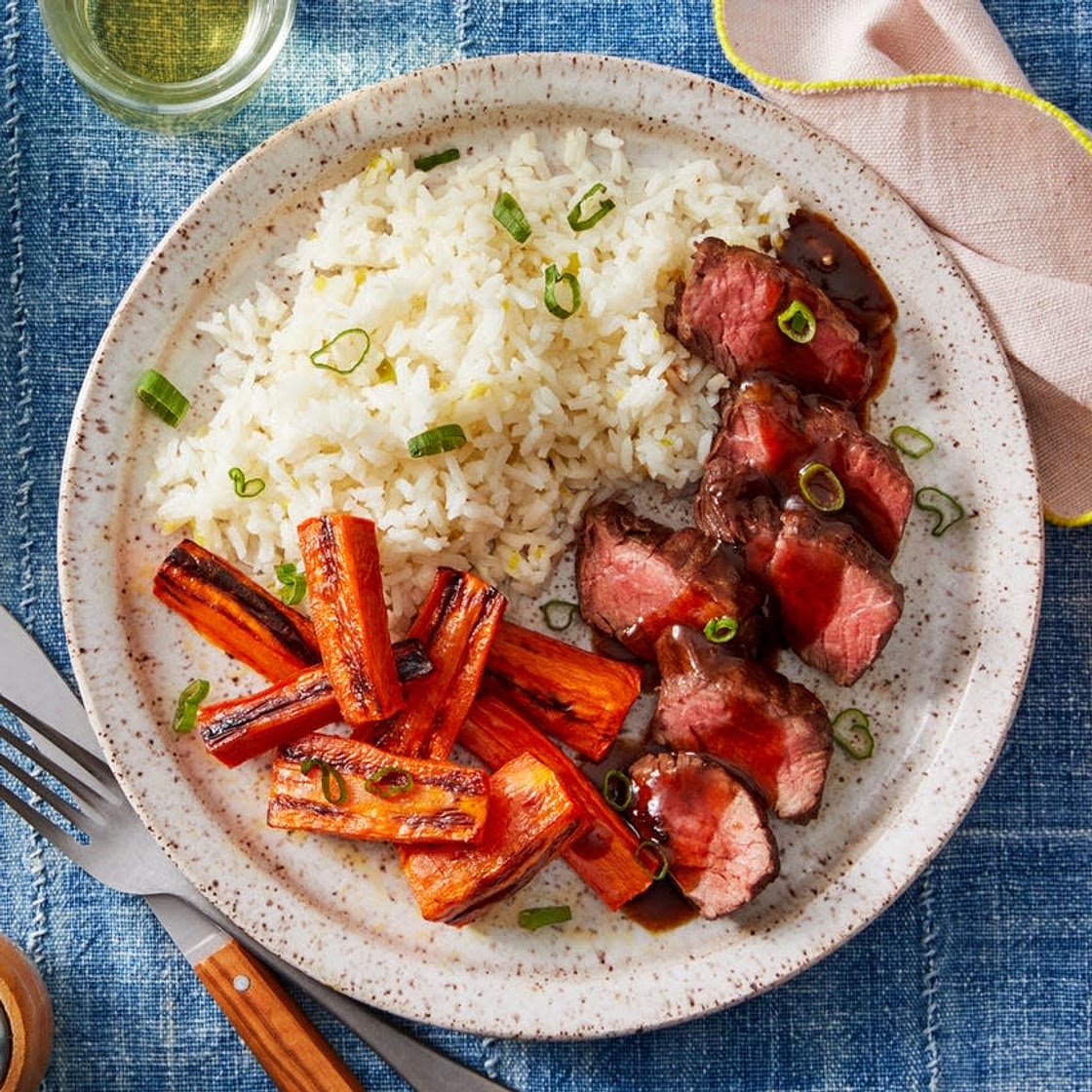 Hoisin & Ponzu Steaks with Roasted Carrots & Garlic-Ginger Rice