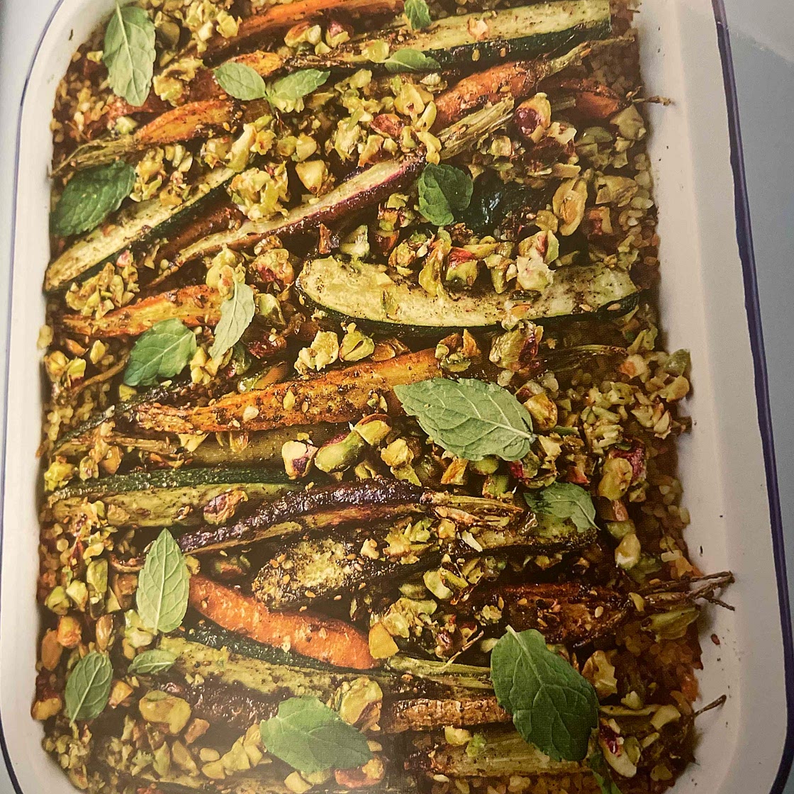 Roasted carrot, courgette & bulgur with pistachio and mint