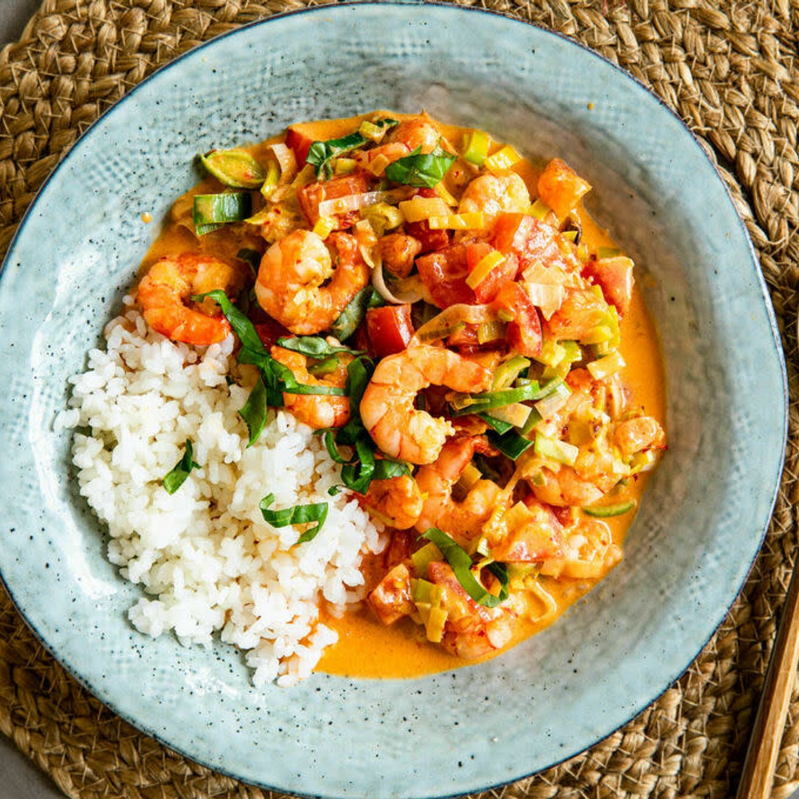 Creamy Shrimp Curry with Thai Basil and Sushi Rice