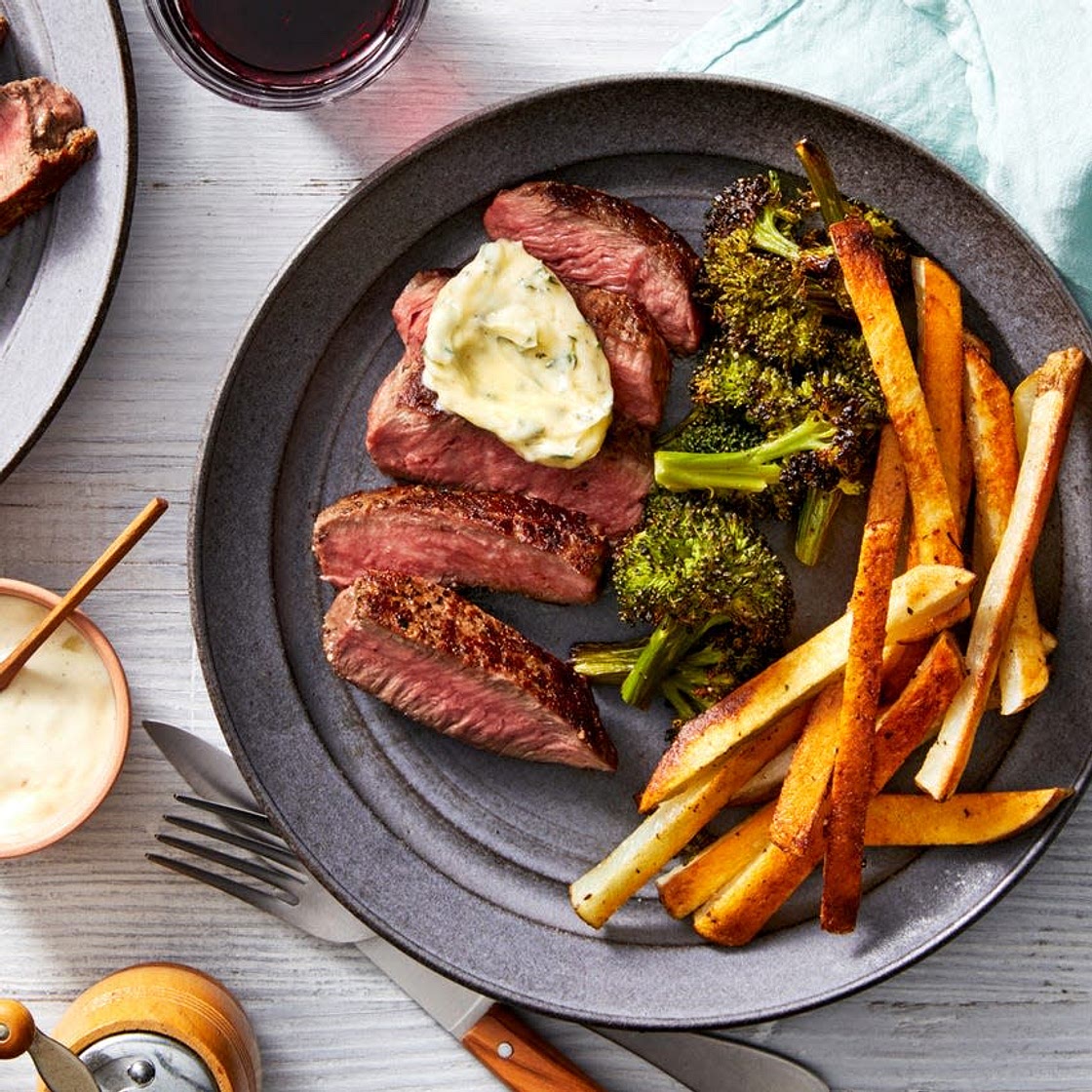 Parisian Steak Frites with Roasted Broccoli & Lemon Aioli