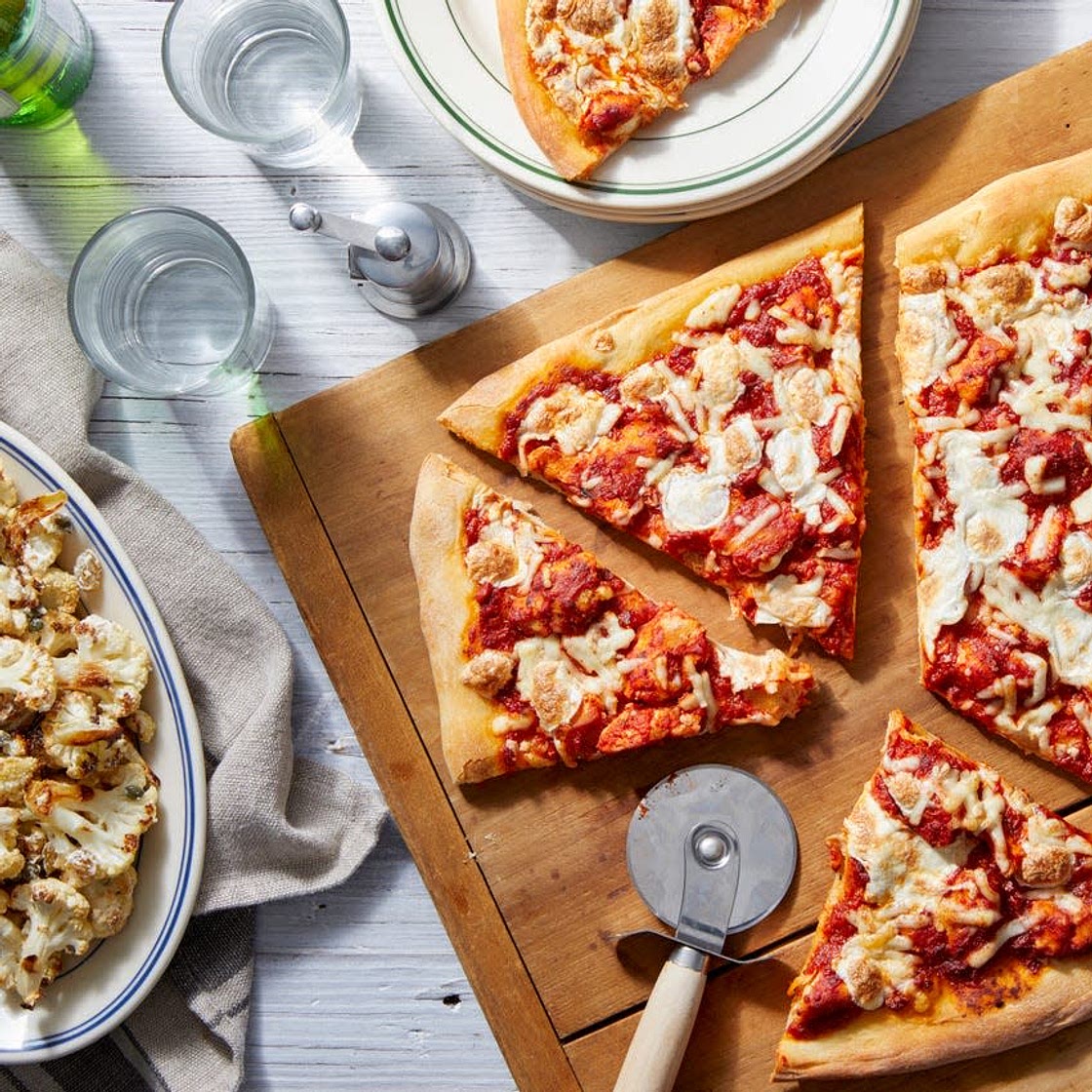 Cheesy Chicken Pizza with Cauliflower-Caper Salad