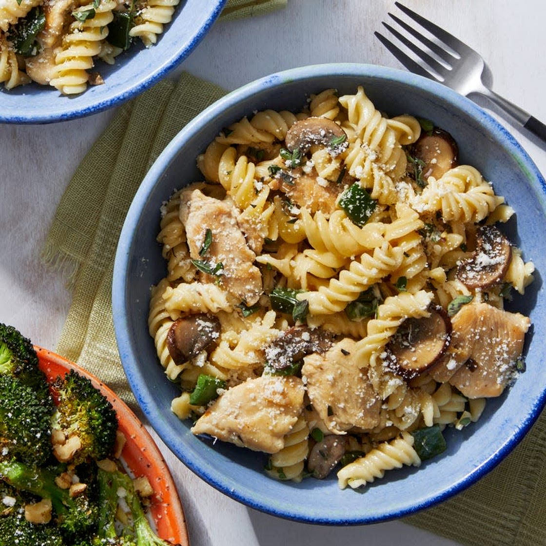 Stovetop Chicken Tetrazzini with Roasted Broccoli