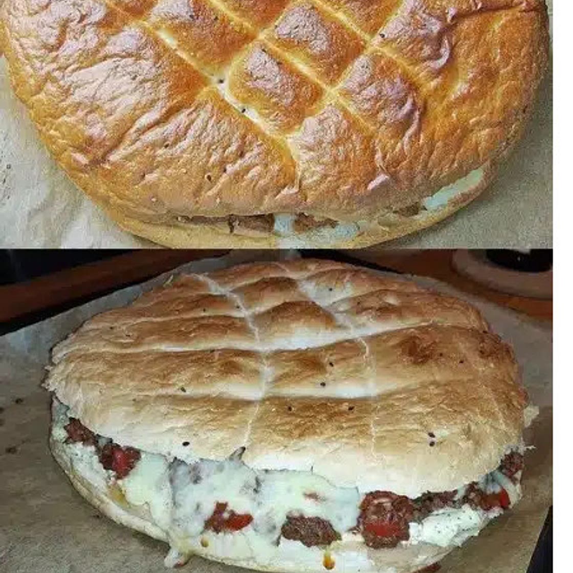 Fladenbrot mit Hackfleisch aus dem Backofen