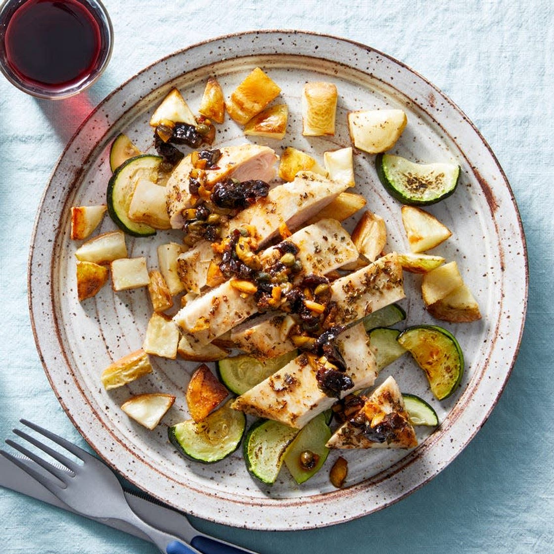 Chicken Marbella with Roasted Potatoes & Zucchini