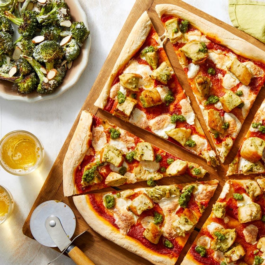 Pesto Chicken Pizza with Creamy Roasted Broccoli