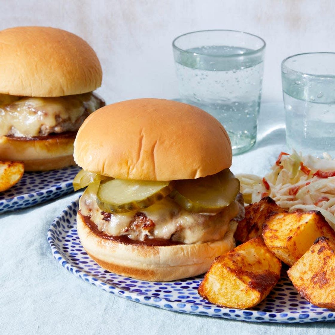 BBQ Pork Burgers with Pickled Pepper Coleslaw & Roasted Potatoes