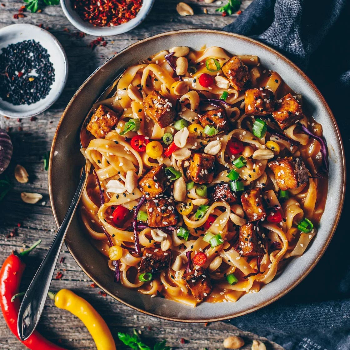 Crispy Tofu with Spicy Peanut Sauce and Sesame Noodles