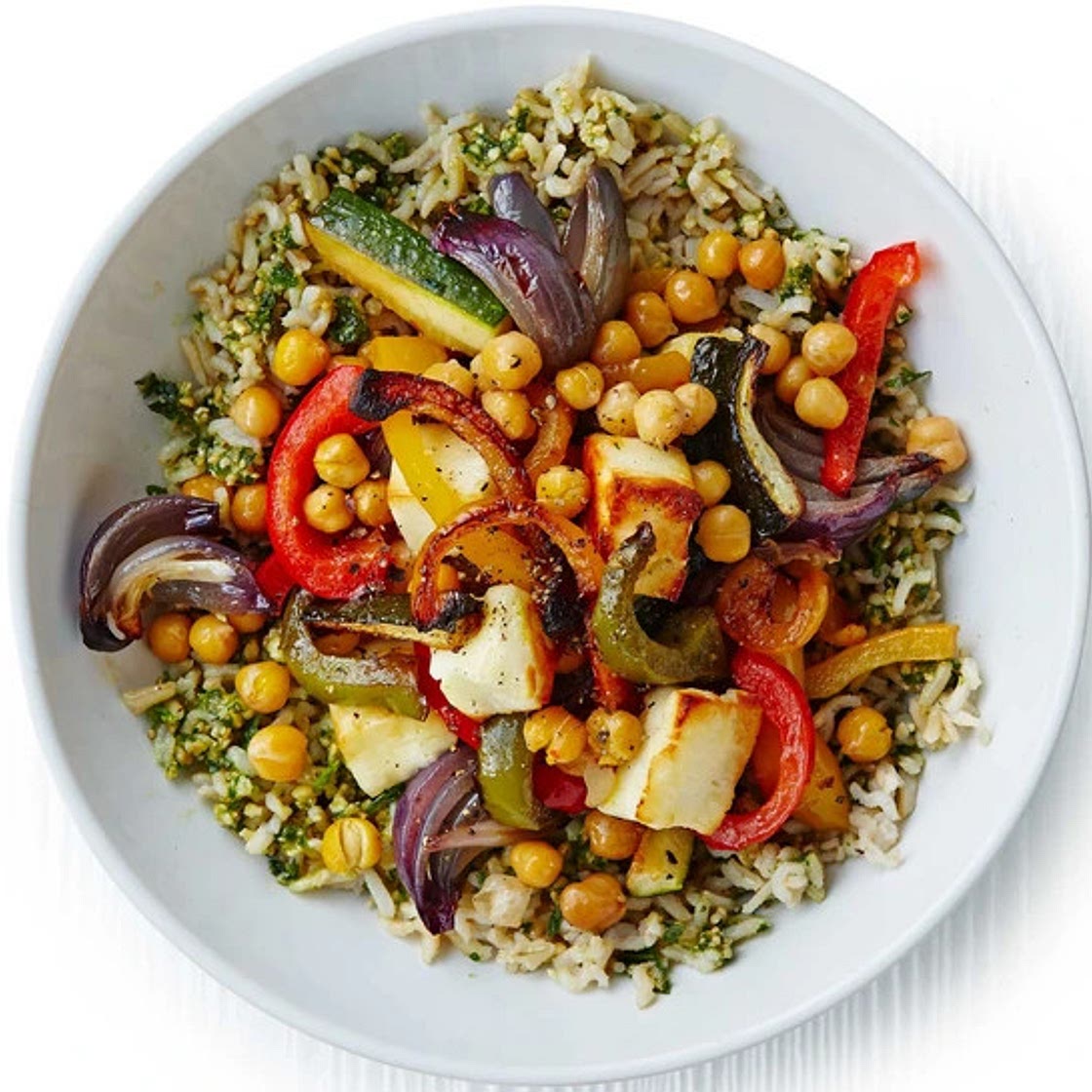 Herby rice with roasted veg, chickpeas & halloumi