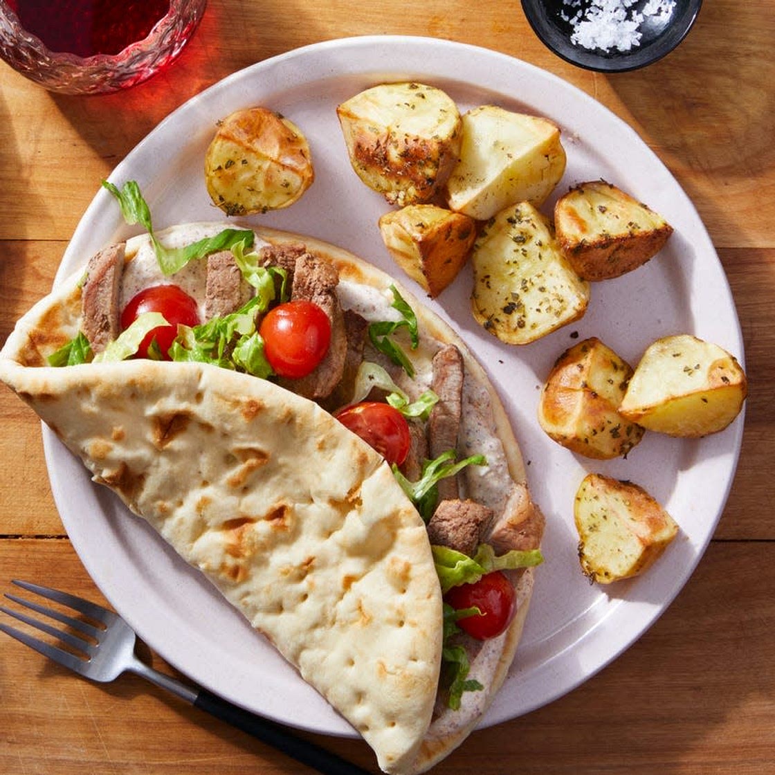 Sliced Beef Pitas with Za’atar Labneh Sauce & Roasted Potatoes