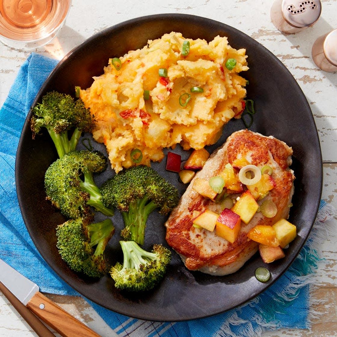 Seared Pork Chops & Peach Salsa with Pimento Cheese Mashed Potatoes
