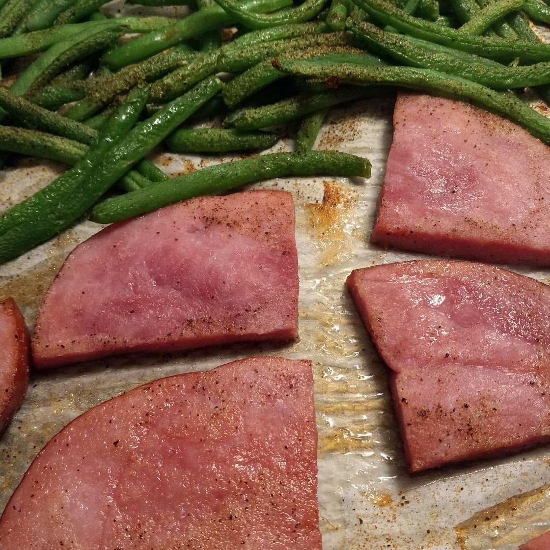 Ham Steaks Sheet Pan Dinner with Green Beans and Potatoes