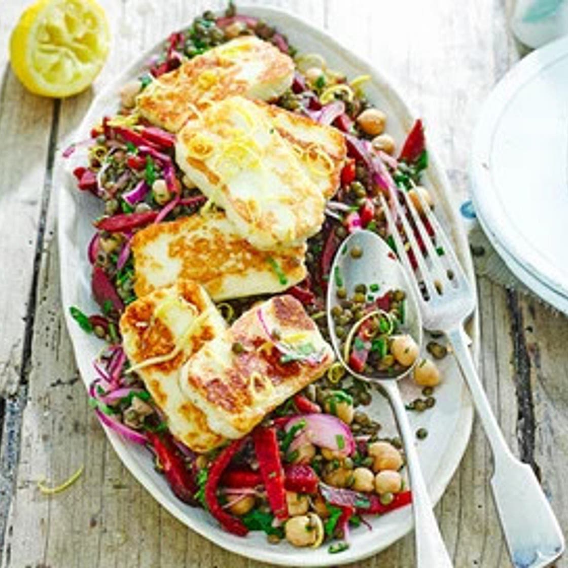 Halloumi with lemony lentils, chickpeas & beets