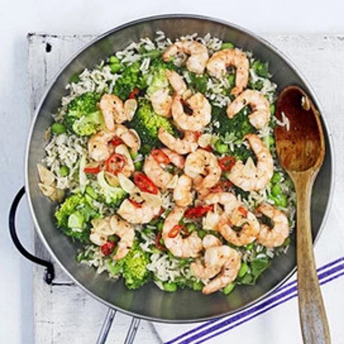 Miso brown rice & broccoli salad with fiery prawns