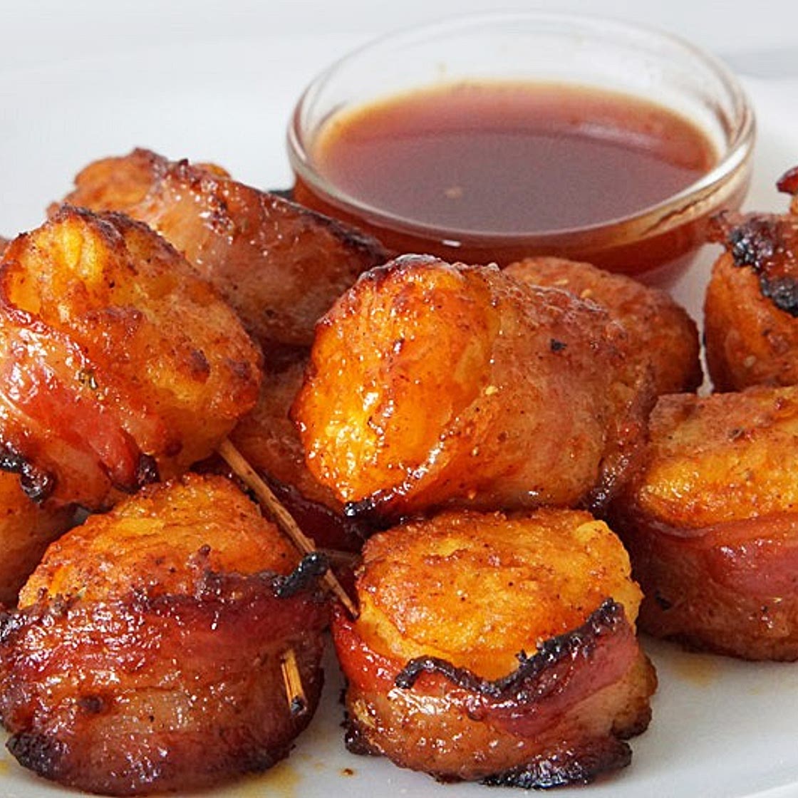 Bacon-Wrapped Tater Tots With Sriracha Honey Glaze