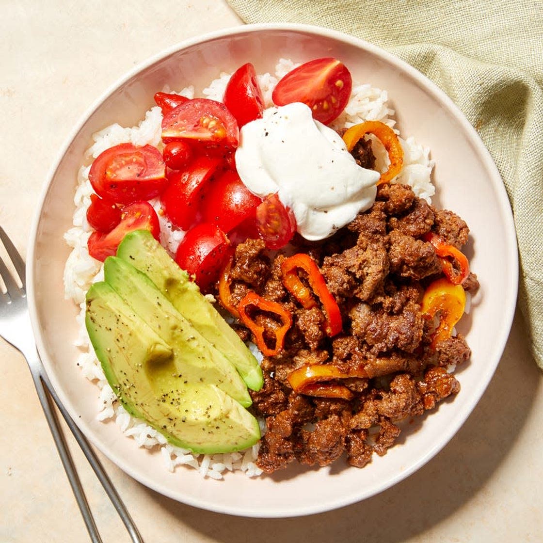 Ancho-BBQ Beef Bowls with Avocado, Marinated Tomatoes, & Sweet Peppers
