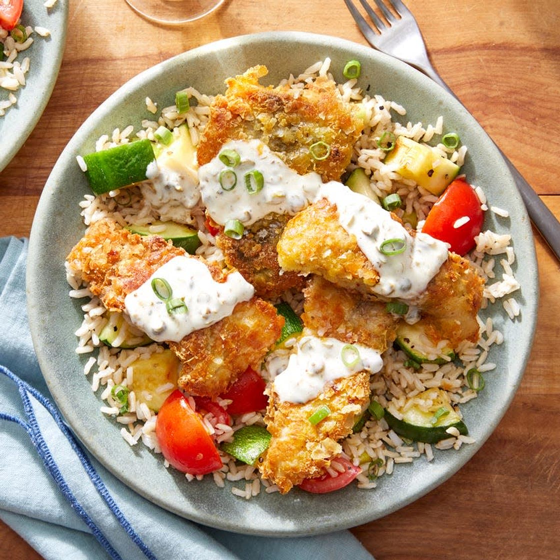 Crispy Spiced Fish & Caper Mayo with Brown Rice, Tomatoes, & Zucchini