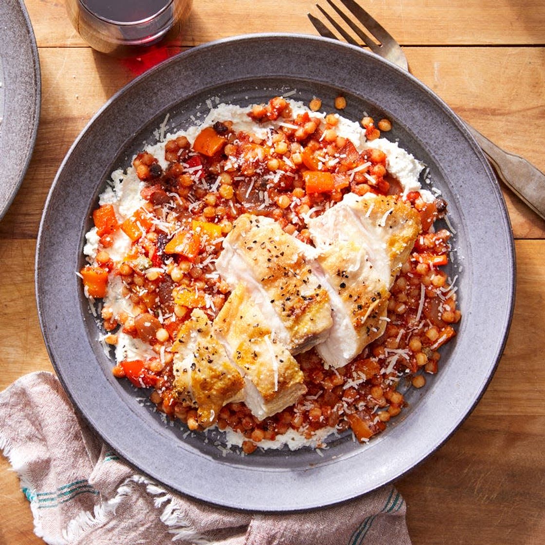 Pan-Seared Chicken with Tomato-Olive Sauce & Seasoned Ricotta