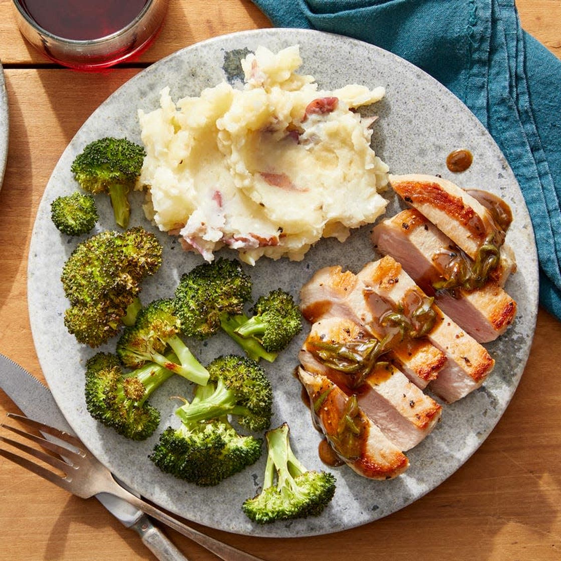 Pork Chops & Cheesy Mashed Potatoes with Maple-Sage Pan Sauce
