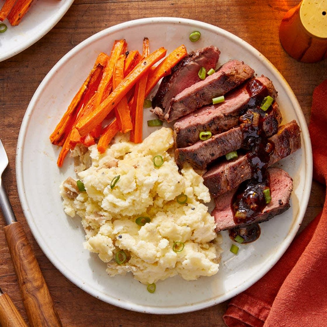Seared Steaks & Mashed Potatoes with Roasted Carrots & Homemade Steak Sauce