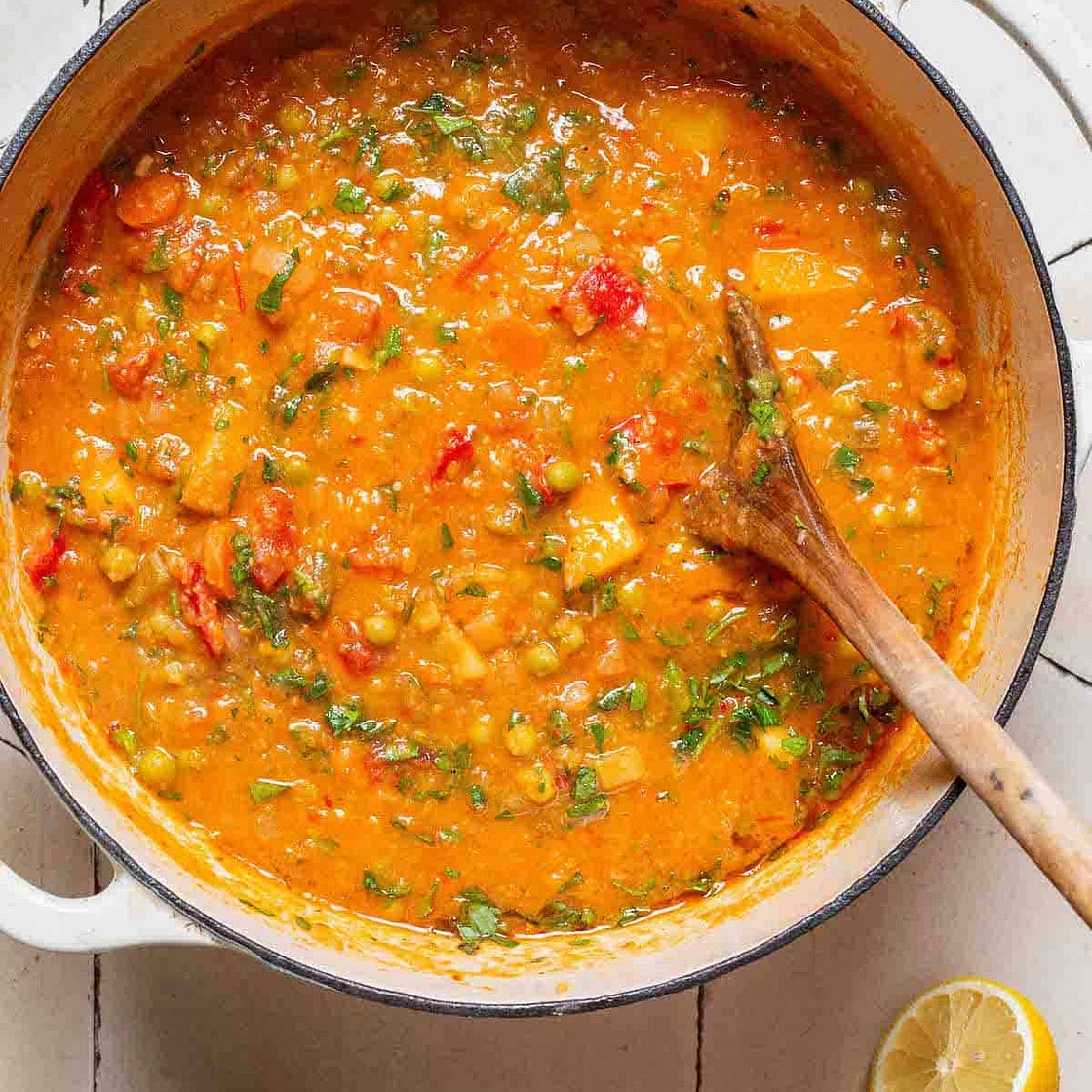 Vegan Vegetable Stew with Peas, Potatoes, and Red Bell Pepper