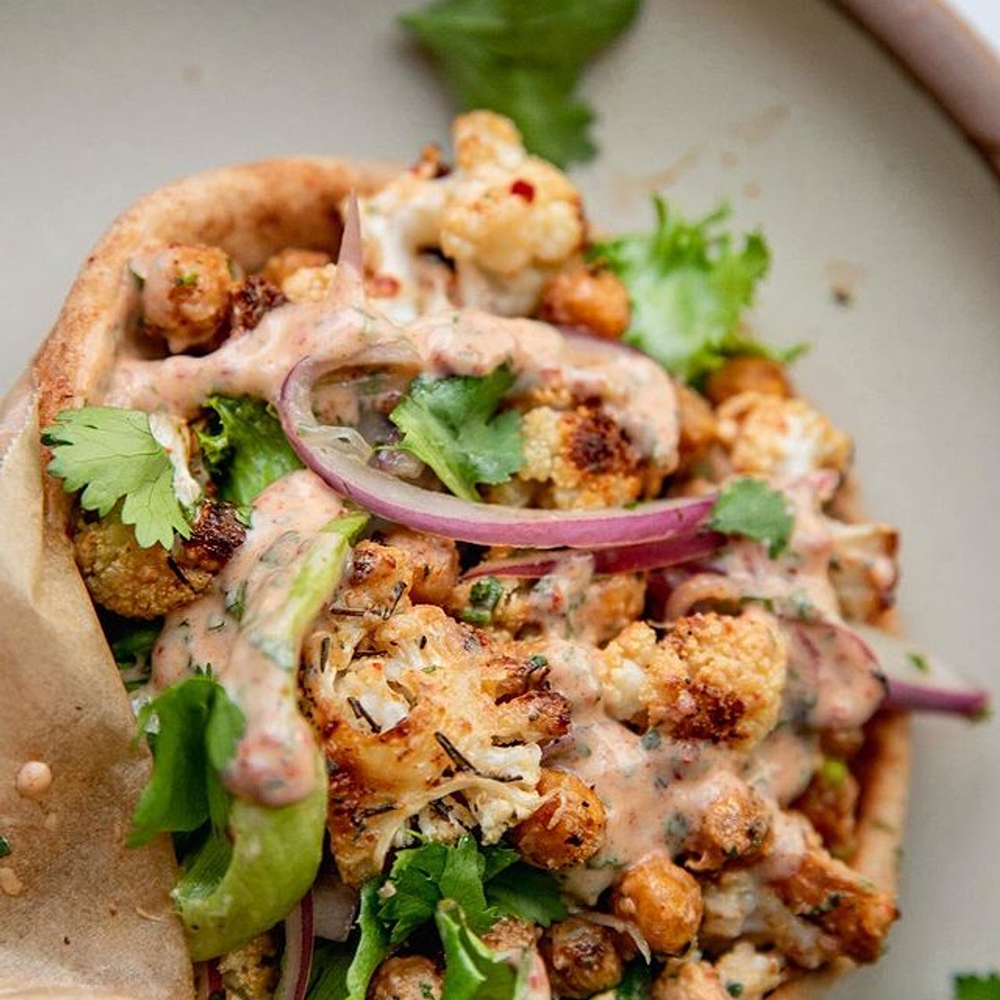 Spiced chickpea and cauliflower wraps