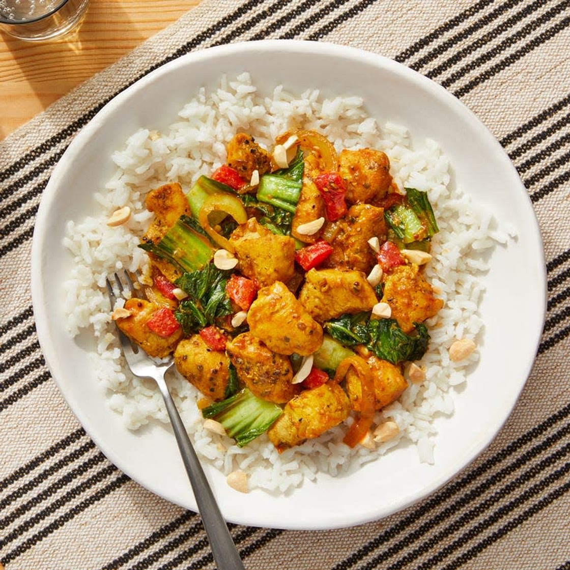 Stir-Fried Curry Chicken & Vegetables over Creamy Coconut Rice