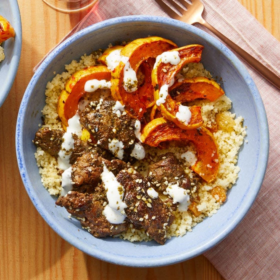 Spiced Beef & Couscous with Roasted-Harissa Squash