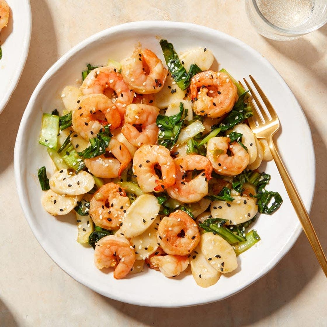 Korean-Inspired Shrimp & Rice Cakes with Bok Choy