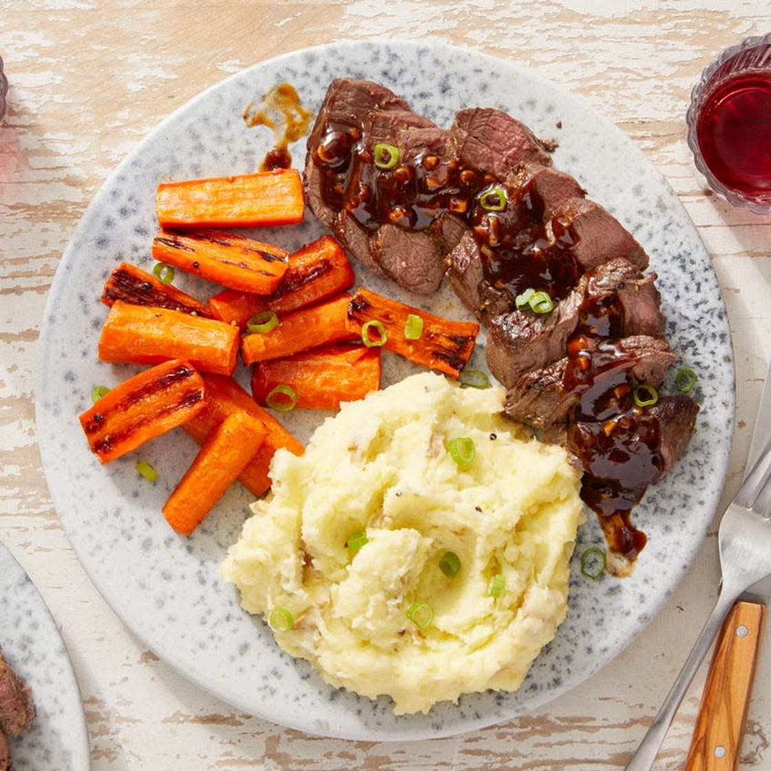 Seared Steaks & Mashed Potatoes with Roasted Carrots & Homemade Steak Sauce