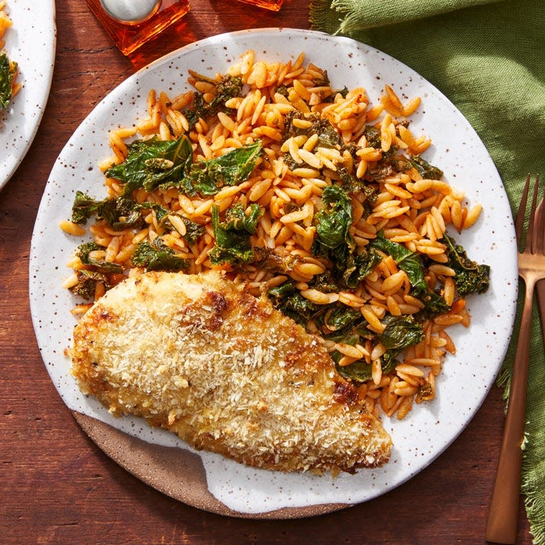 Creamy Mustard Baked Chicken with Kale & Tomato Orzo Pasta