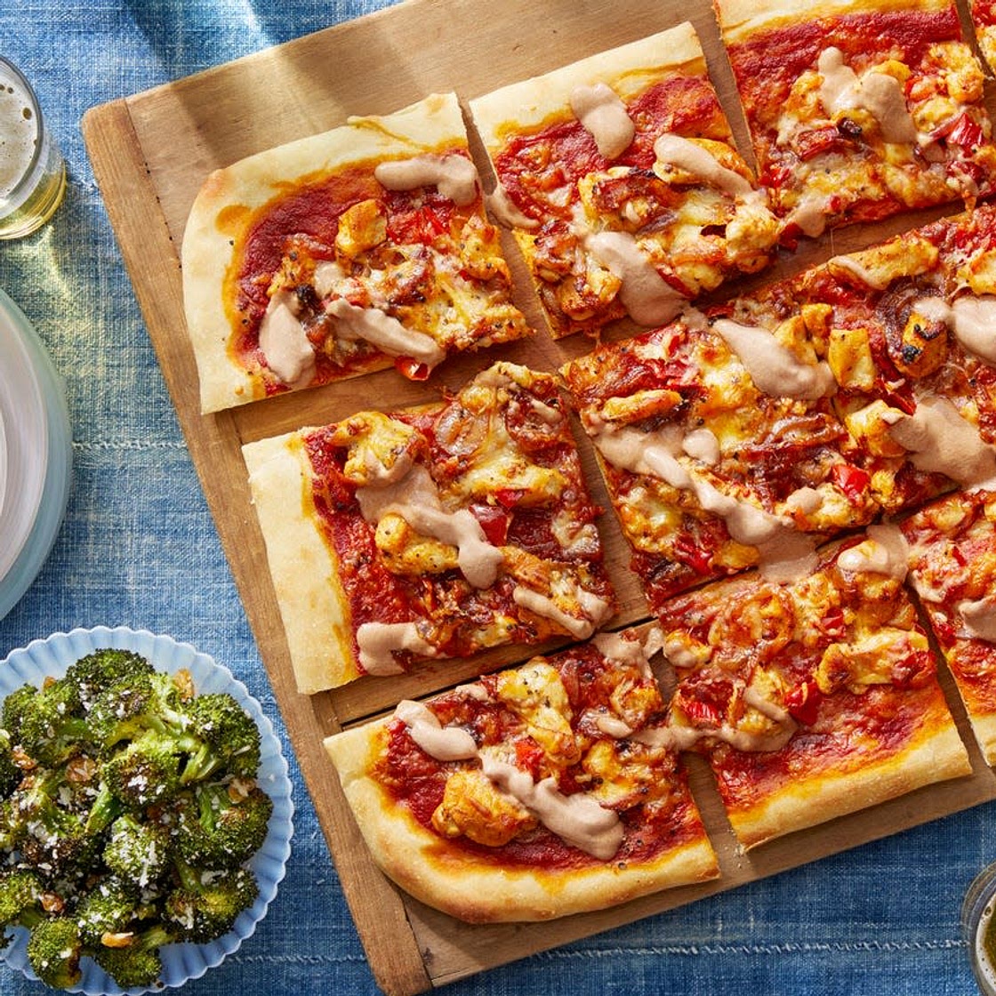 BBQ Chicken Pizza with Tangy Dressed Broccoli