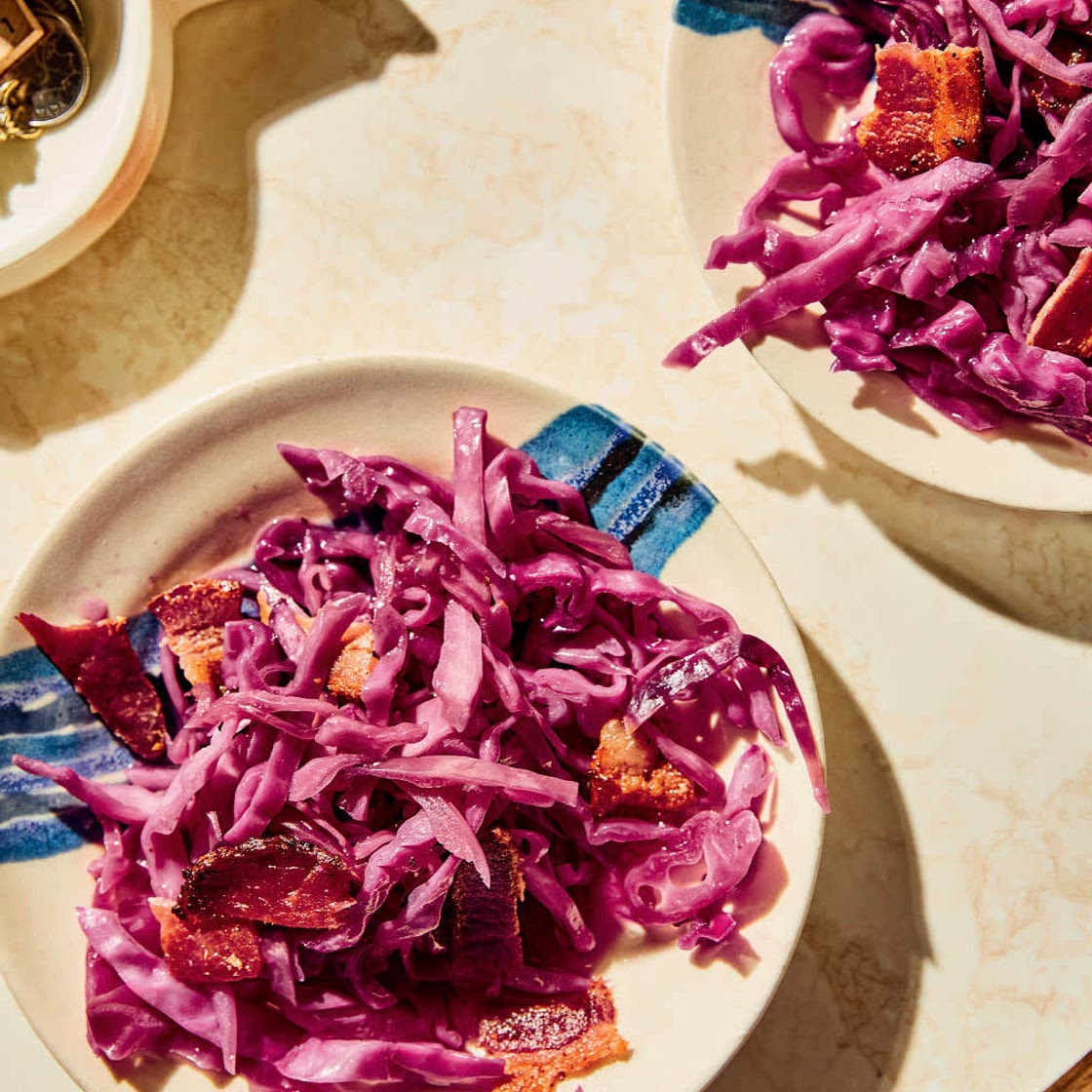 Braised Red Cabbage with Cider and Bacon