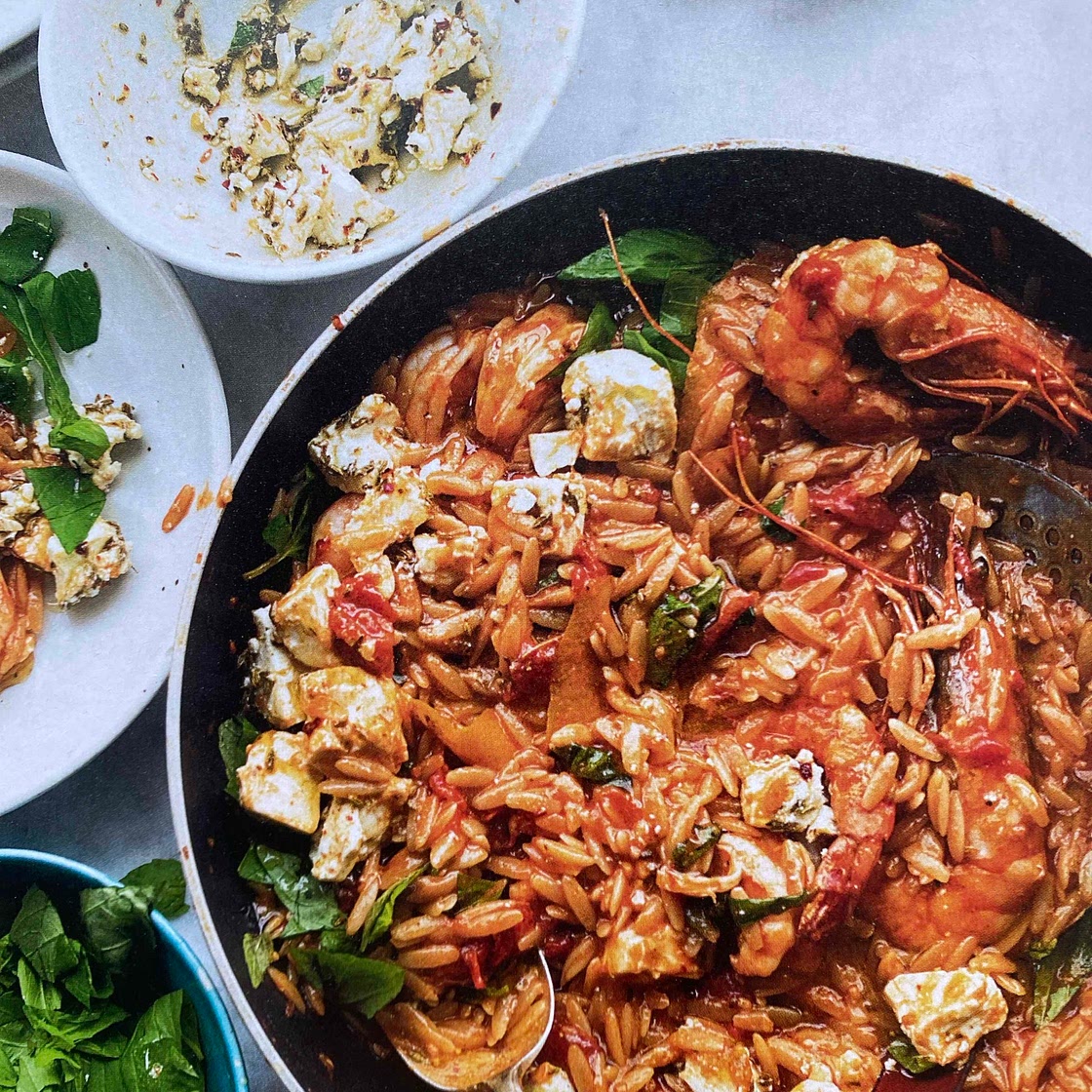Orzo with prawns, tomato and marinated feta