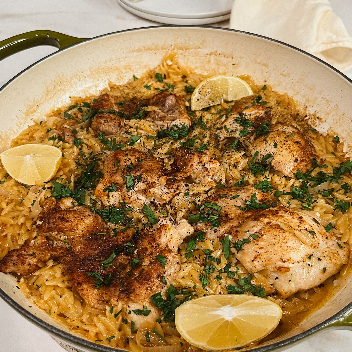 One Skillet Crispy Chicken Thighs & Creamy Lemon Garlic Orzo