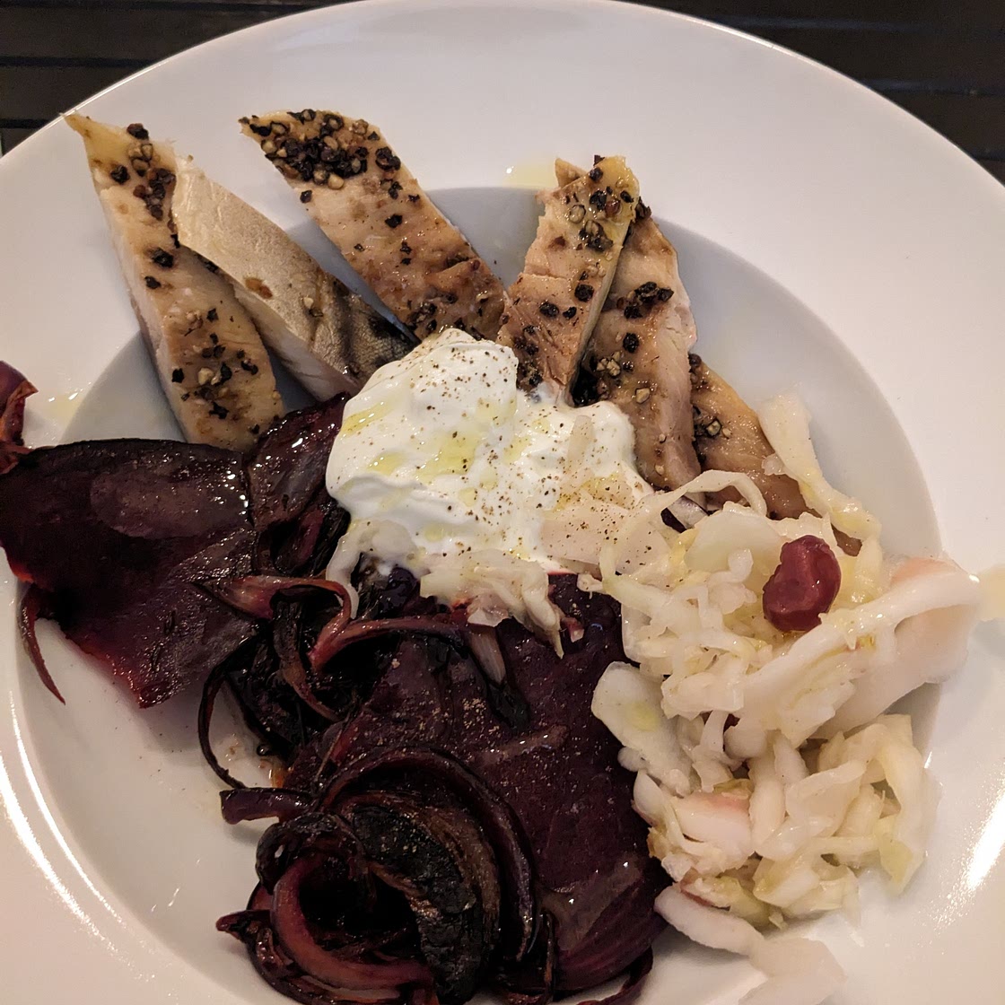 Peppered Mackerel with caramelised red onions and beetroot